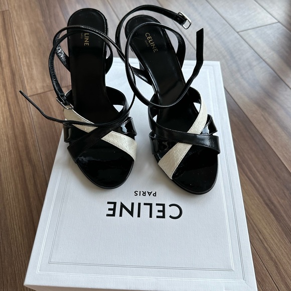 CELINE Sharp Sandal In Kidskin, Patent Calfskin, Elaphe 
color: black, white - Picture 3 of 6